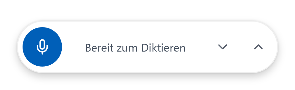 Das Diktier-Widget von UltiVoice: ein runder blauer Aufnahmeknopf mit Mikrofon, daneben „Bereit zum Diktieren“, rechts die Knöpfe zum Minimieren und für das Hauptfenster.